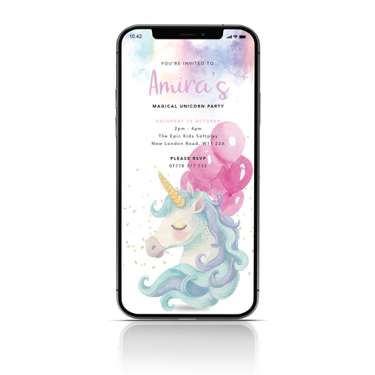 Magical unicorn kids party digital invitation